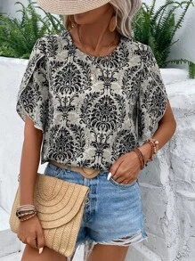 SHEIN LUNE Allover Print Petal Sleeve Blouse - Multicolor - View 6