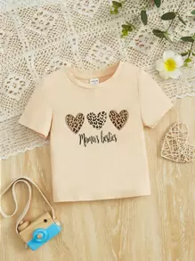 SHEIN 嬰兒女童休閒可愛愛心與豹紋短袖T恤 - 杏色 - 查看 1