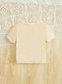 SHEIN 嬰兒女童休閒可愛愛心與豹紋短袖T恤 - 杏色 - 查看 2