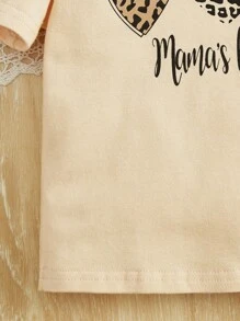 SHEIN 嬰兒女童休閒可愛愛心與豹紋短袖T恤 - 杏色 - 查看 3