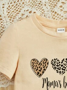 SHEIN 嬰兒女童休閒可愛愛心與豹紋短袖T恤 - 杏色 - 查看 4