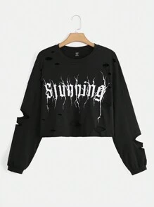ROMWE PUNK Plus Letter Graphic Ripped Drop Shoulder Tee, School - Black - View 1