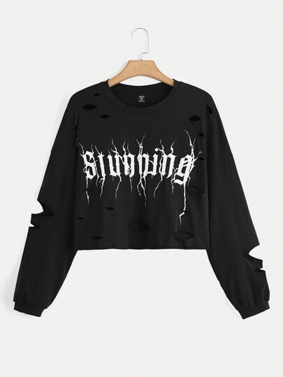 Plus Letter Graphic Ripped Drop Shoulder Tee, School