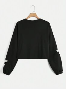 ROMWE PUNK Plus Letter Graphic Ripped Drop Shoulder Tee, School - Black - View 2