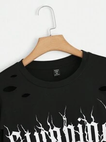 ROMWE PUNK Plus Letter Graphic Ripped Drop Shoulder Tee, School - Black - View 3