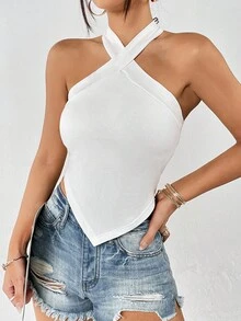 SHEIN Privé Solid Asymmetrical Hem Halter Top - White - View 4