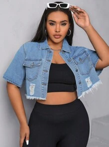 SHEIN EZwear 大碼破洞毛邊緣短款牛仔夾克 - 淺色水洗藍 - 查看 1