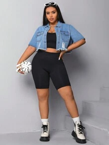 SHEIN EZwear 大碼破洞毛邊緣短款牛仔夾克 - 淺色水洗藍 - 查看 3