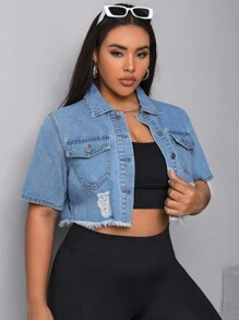 SHEIN EZwear 大碼破洞毛邊緣短款牛仔夾克 - 淺色水洗藍 - 查看 4