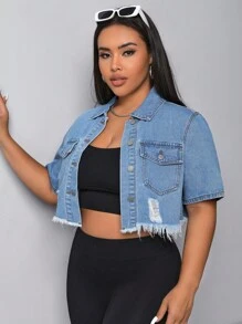 SHEIN EZwear 大碼破洞毛邊緣短款牛仔夾克 - 淺色水洗藍 - 查看 5