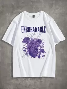 ROMWE MEN Grunge Punk Men Cotton Letter Heart & Floral Graphic Tee - White - View 1