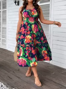 Breezaya Plus Size Boho Floral Print Tie Front Ruffle Hem Cami Dress, For Summer - Multicolor - View 1
