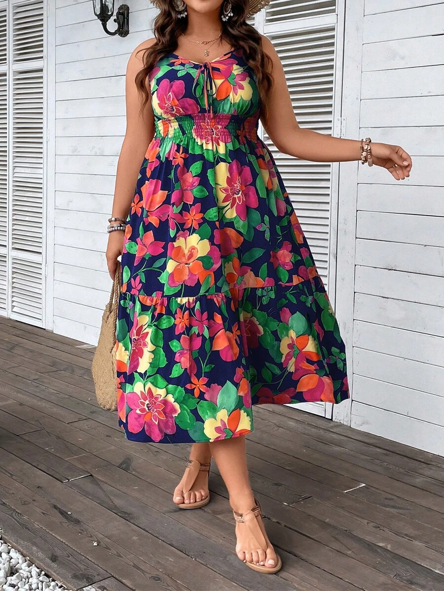 Breezaya Plus Size Boho Floral Print Tie Front Ruffle Hem Cami Dress, For Summer - Multicolor - View 1