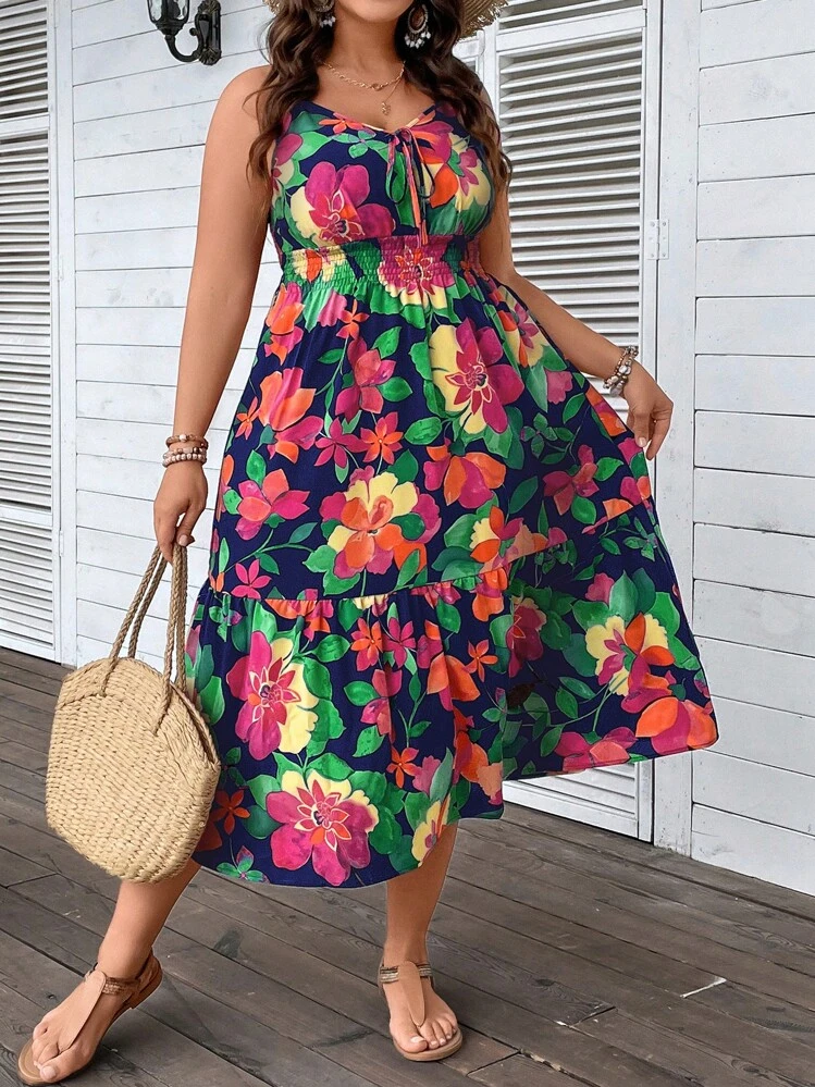 Breezaya Plus Size Boho Floral Print Tie Front Ruffle Hem Cami Dress, For Summer - Multicolor - View 3