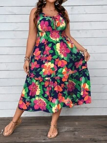 Breezaya Plus Size Boho Floral Print Tie Front Ruffle Hem Cami Dress, For Summer - Multicolor - View 4