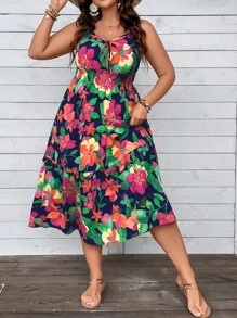 Breezaya Plus Size Boho Floral Print Tie Front Ruffle Hem Cami Dress, For Summer - Multicolor - View 5