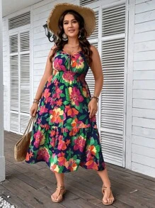 Breezaya Plus Size Boho Floral Print Tie Front Ruffle Hem Cami Dress, For Summer - Multicolor - View 6