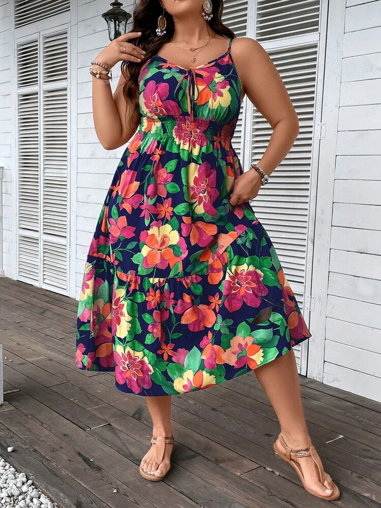 Breezaya Plus Size Boho Floral Print Tie Front Ruffle Hem Cami Dress, For Summer - Multicolor - View 7