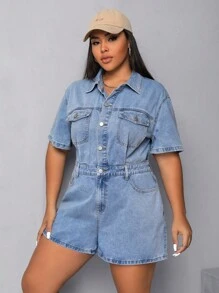 SHEIN EZwear 大碼翻蓋口袋牛仔連體短褲 - 淺色水洗藍 - 查看 3