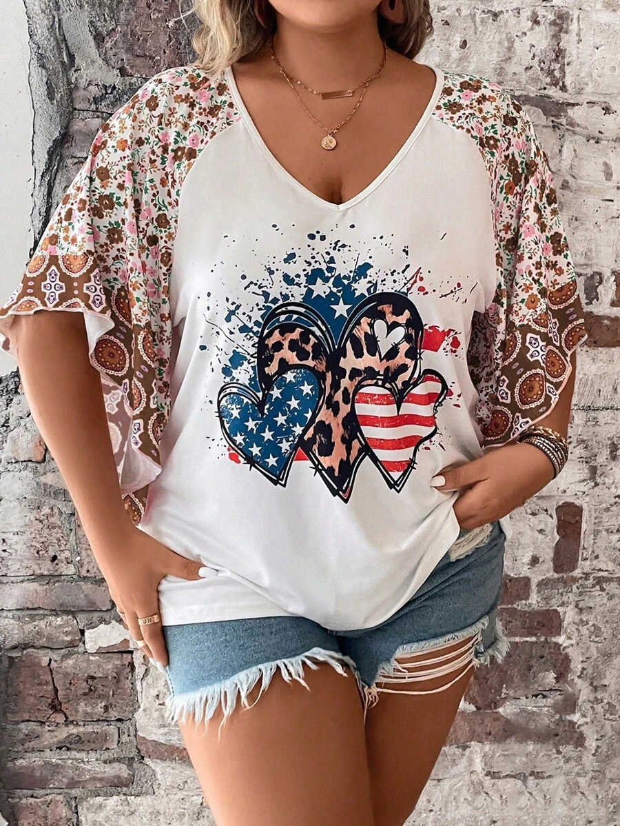 SHEIN LUNE Plus Heart & Floral Print Raglan Sleeve Tee - Multicolor - View 1