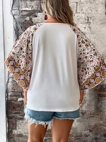 SHEIN LUNE Plus Heart & Floral Print Raglan Sleeve Tee - Multicolor - View 2