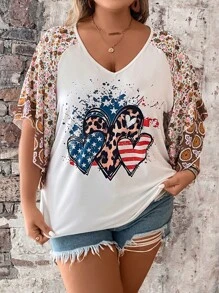 SHEIN LUNE Plus Heart & Floral Print Raglan Sleeve Tee - Multicolor - View 3