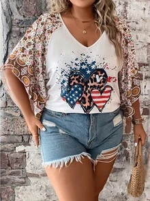 SHEIN LUNE Plus Heart & Floral Print Raglan Sleeve Tee - Multicolor - View 5