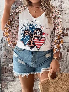 SHEIN LUNE Plus Heart & Floral Print Raglan Sleeve Tee - Multicolor - View 6