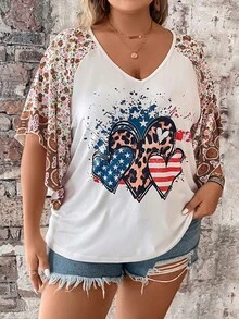 SHEIN LUNE Plus Heart & Floral Print Raglan Sleeve Tee - Multicolor - View 7