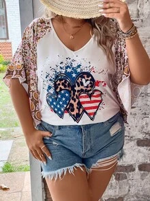 SHEIN LUNE Plus Heart & Floral Print Raglan Sleeve Tee - Multicolor - View 8