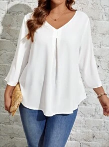 EMERY ROSE 大碼素色V領褶皺細節弧形下擺襯衫 - 白色 - 查看 1