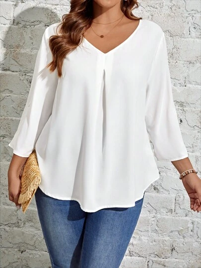 EMERY ROSE 大碼素色V領褶皺細節弧形下擺襯衫