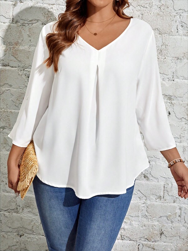 EMERY ROSE 大碼素色V領褶皺細節弧形下擺襯衫