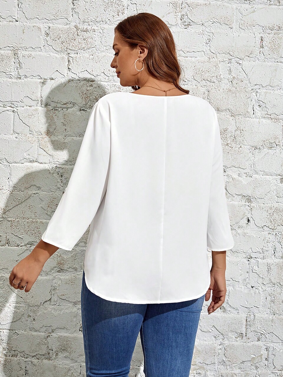 Plus Solid V Neck Fold Pleated Detail Curved Hem Blouse
