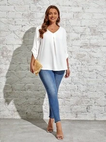 EMERY ROSE 大碼素色V領褶皺細節弧形下擺襯衫 - 白色 - 查看 3