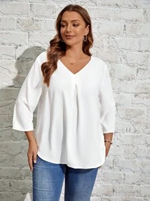 EMERY ROSE 大碼素色V領褶皺細節弧形下擺襯衫 - 白色 - 查看 6