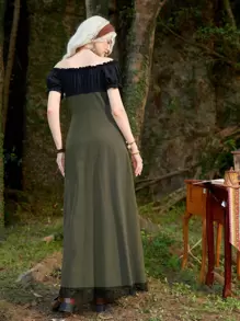 ROMWE Hippie Renaissance Off Shoulder Lace Up Contrast Lace Dress - Army Green - View 4