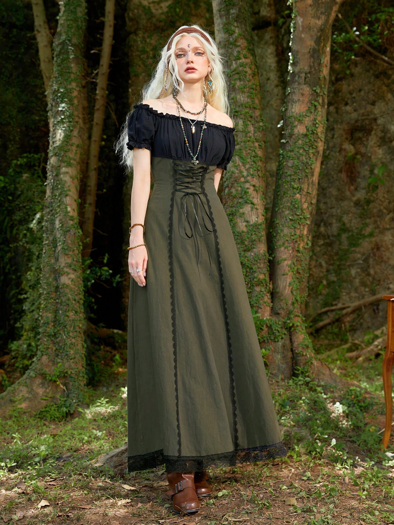 Our Hippie Renaissance Off Shoulder Lace Up Contrast Lace Dress is