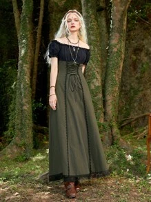 ROMWE Hippie Renaissance Off Shoulder Lace Up Contrast Lace Dress - Army Green - View 2
