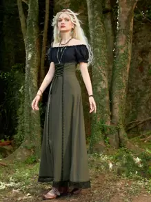 ROMWE Hippie Renaissance Off Shoulder Lace Up Contrast Lace Dress - Army Green - View 3