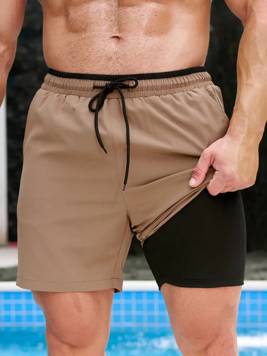 ZELFYO Quần bơi nam 2 trong 1 có dây rút ở eo, lót lụa sữa, phong cách Hawaii - Màu Khaki - Xem 1