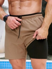 ZELFYO 男士二合一束腰泳裤，牛奶丝衬里，夏威夷风情 - 卡其色 - 查看 3
