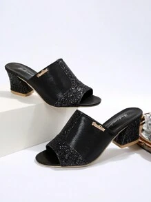 女士亮片露趾高跟凉鞋，春夏穿搭 - 黑色 - 查看 3