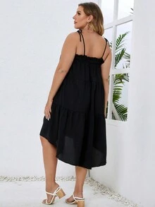 Plus Tie Shoulder Ruffle Hem Cami Dress - Black - View 2