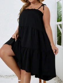 Plus Tie Shoulder Ruffle Hem Cami Dress - Black - View 5