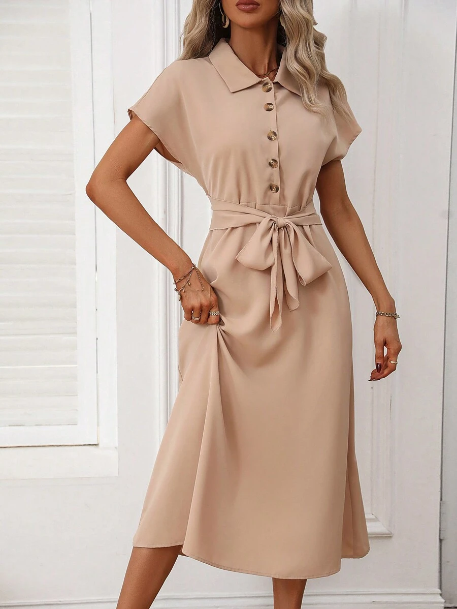 SHEIN Clasi Batwing Sleeve Knot Front Shirt Dress - Khaki - View 1