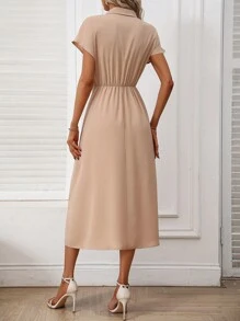 SHEIN Clasi Batwing Sleeve Knot Front Shirt Dress - Khaki - View 2