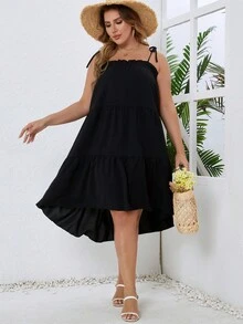 Plus Tie Shoulder Ruffle Hem Cami Dress - Black - View 6