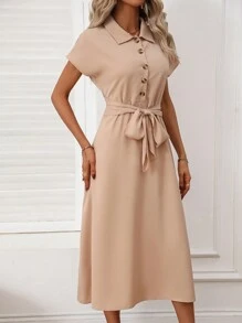 SHEIN Clasi Batwing Sleeve Knot Front Shirt Dress - Khaki - View 3