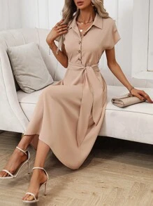 SHEIN Clasi Batwing Sleeve Knot Front Shirt Dress - Khaki - View 4